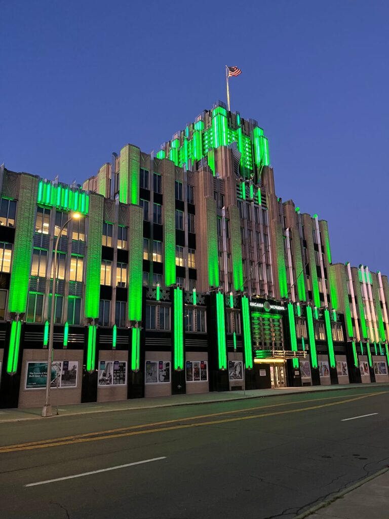 The National Grid Building in Syracuse lit green for World PANS/PANDAS Awareness Day 2025